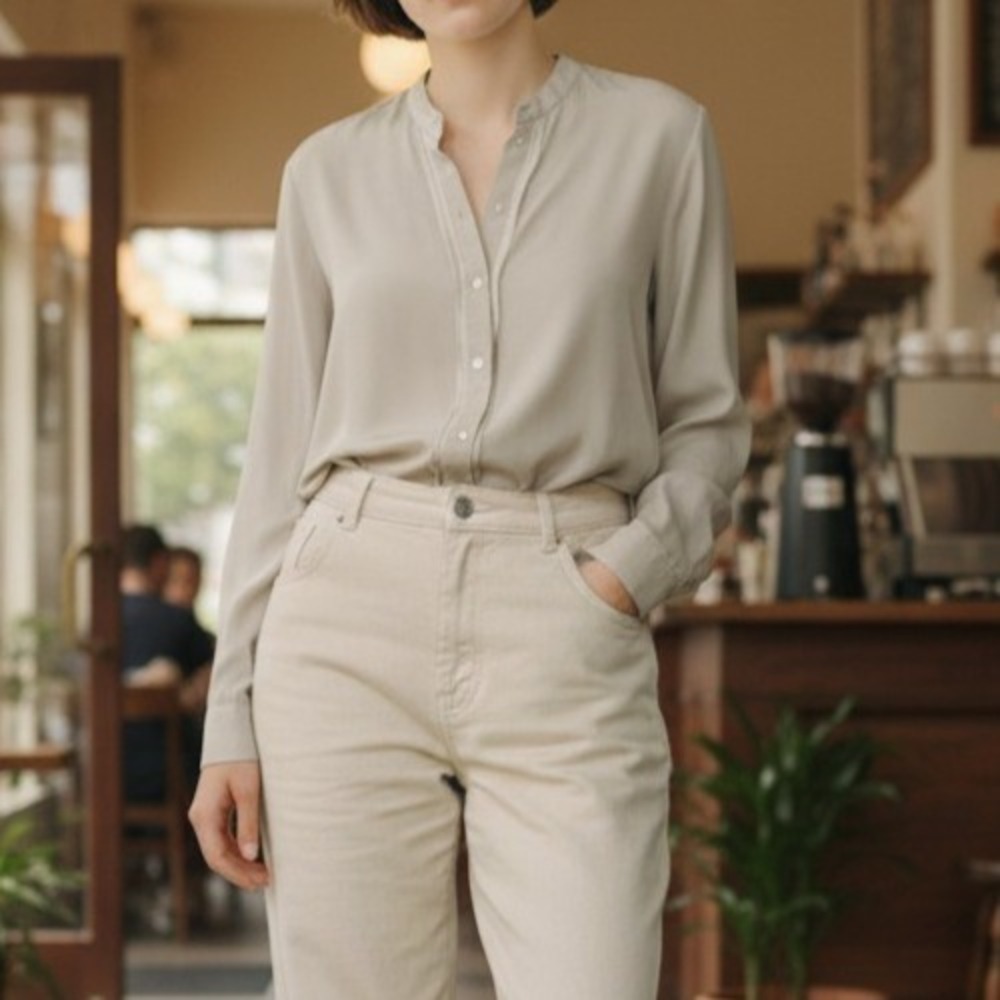 Vtg J Jill Silk Blouse Womens XS Sage Stone Minimalist Band Collar Office Chic